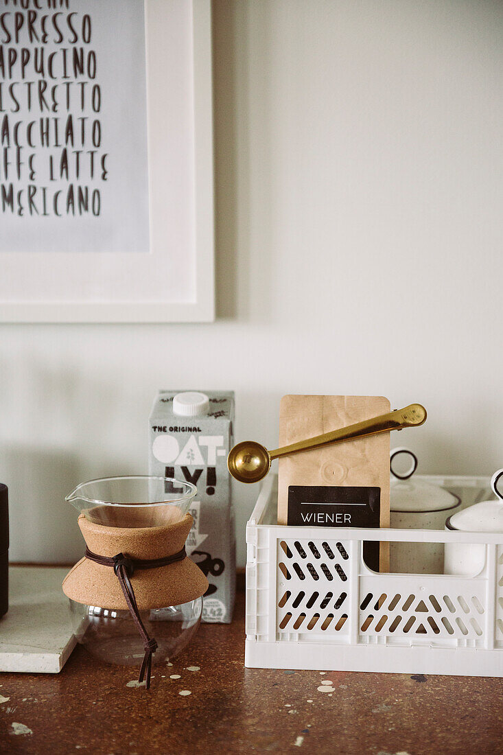 Coffee accessories on a worktop in the kitchen