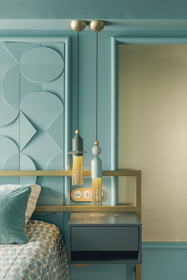 3D wall panel in blue bedroom with queen bed, designer pendant lights above bedside table
