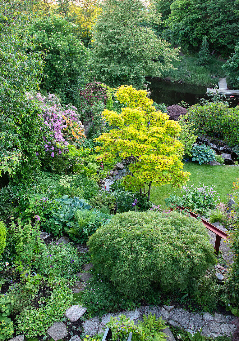View of diversely planted garden with pond in spring