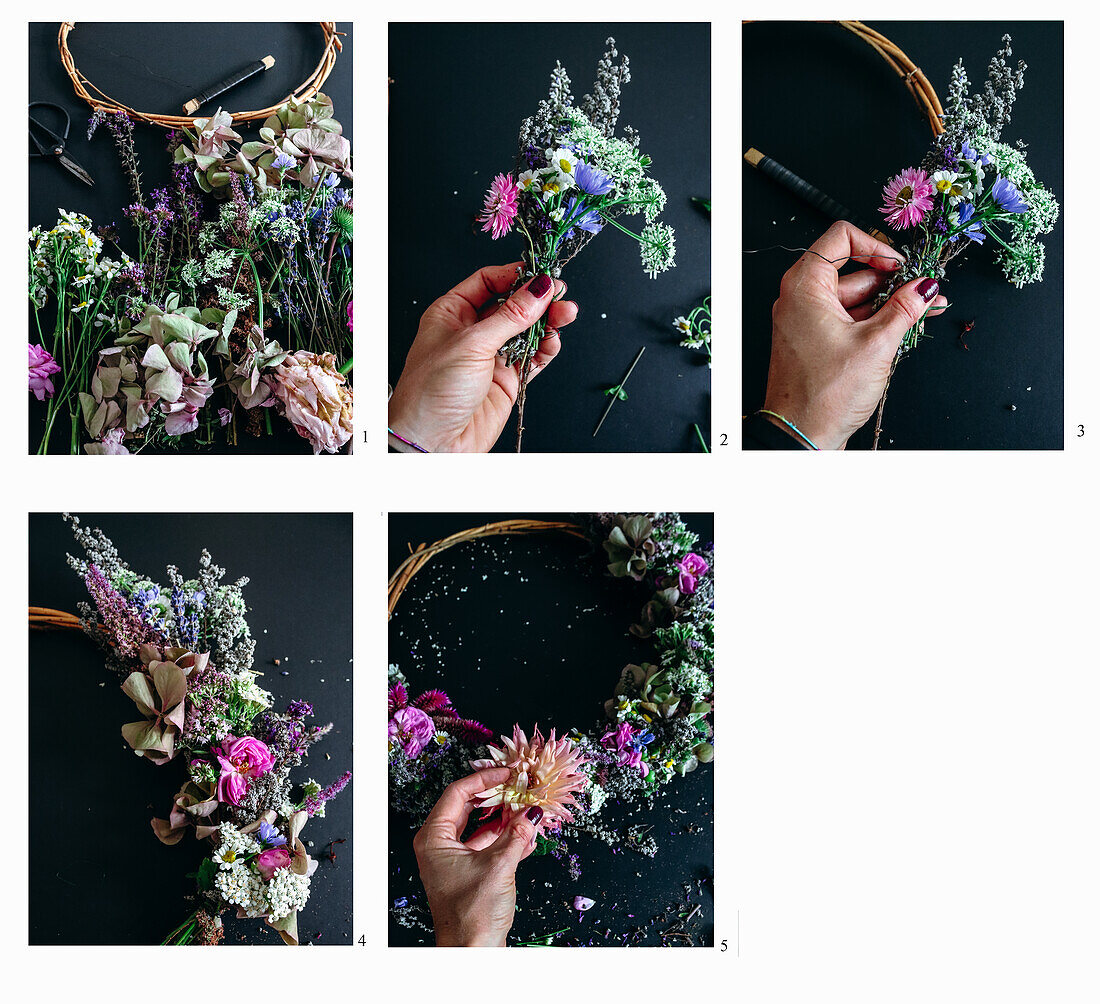 Making a summer wreath from fresh flowers