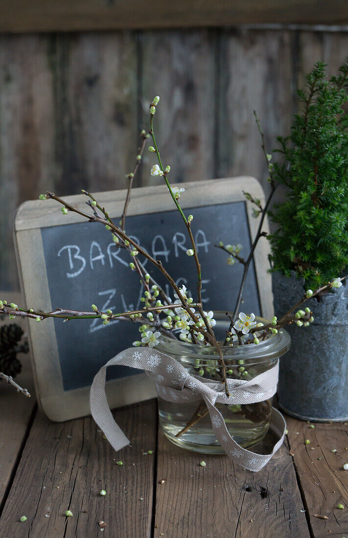 Plum blossom twigs in an old preserving jar in front of a slate board