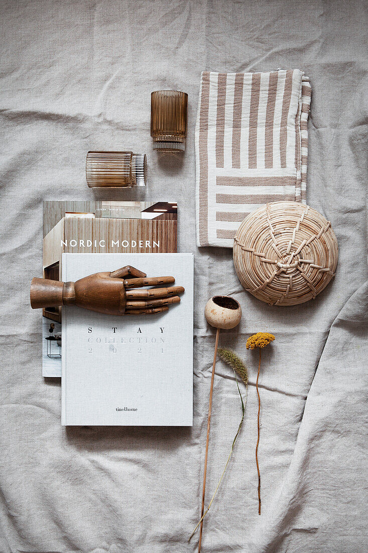 Books and decorative objects in natural colors