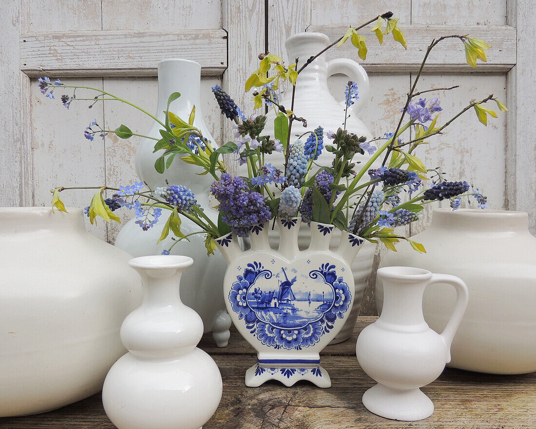 Forget-me-nots and hyacinths in blue-and-white porcelain vase