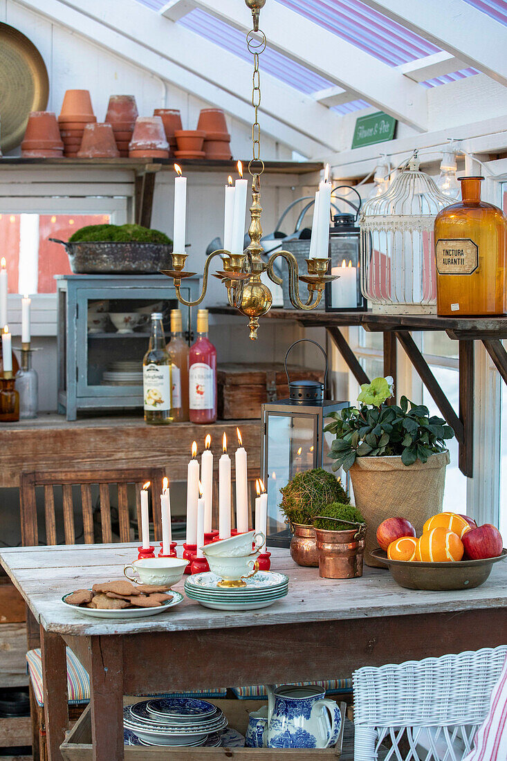 Holztisch mit Kerzen, Pflanzen und Obst im Gewächshaus