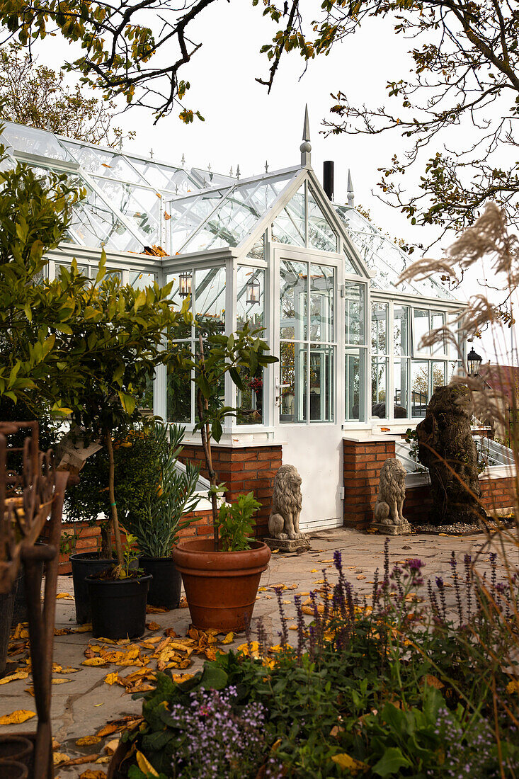 Blick auf Gewächshaus mit Backsteinsockel im herbstlichen Garten