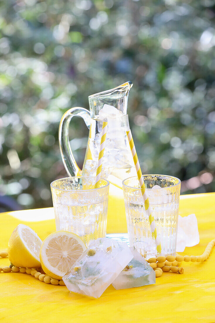 Wasser mit Zitrone und Blüten-Eiswürfel