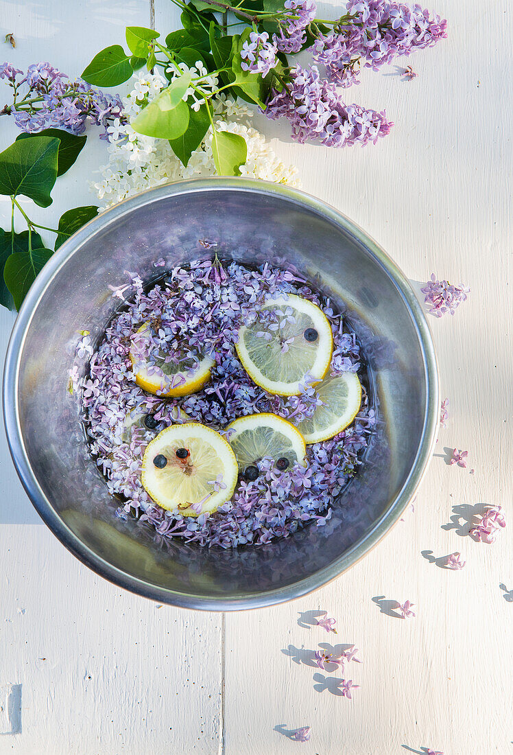 Water infused with Lilacs and lemon juice