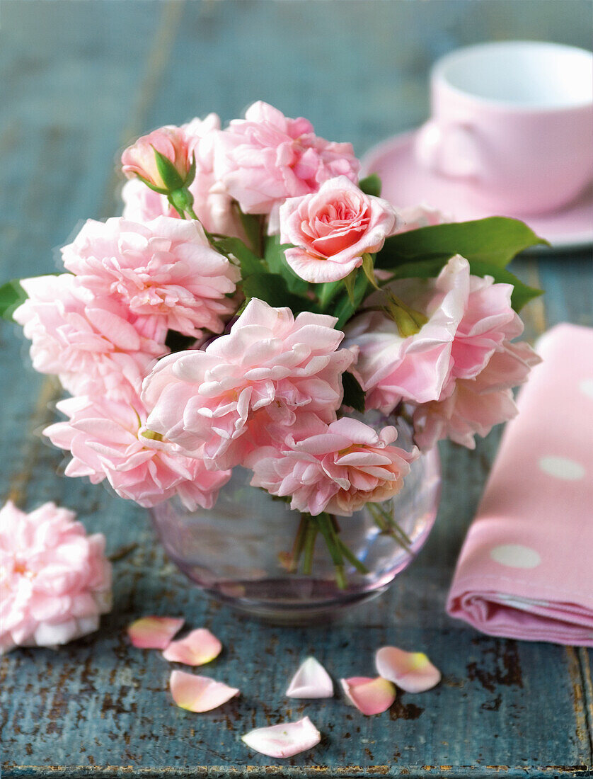 Vase mit rosa Rosen (Rosa) mit rosa Teetasse und Serviette