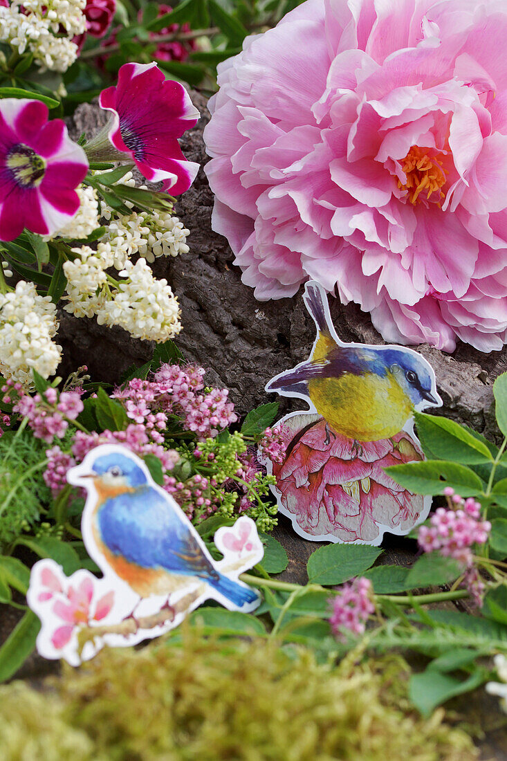 Still-life arrangement of peony, privet, spiraea, petunia and cardboard bird cutouts
