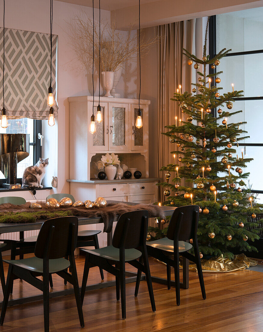 Mit Moos dekorierter Esstisch und beleuchteter Weihnachtsbaum