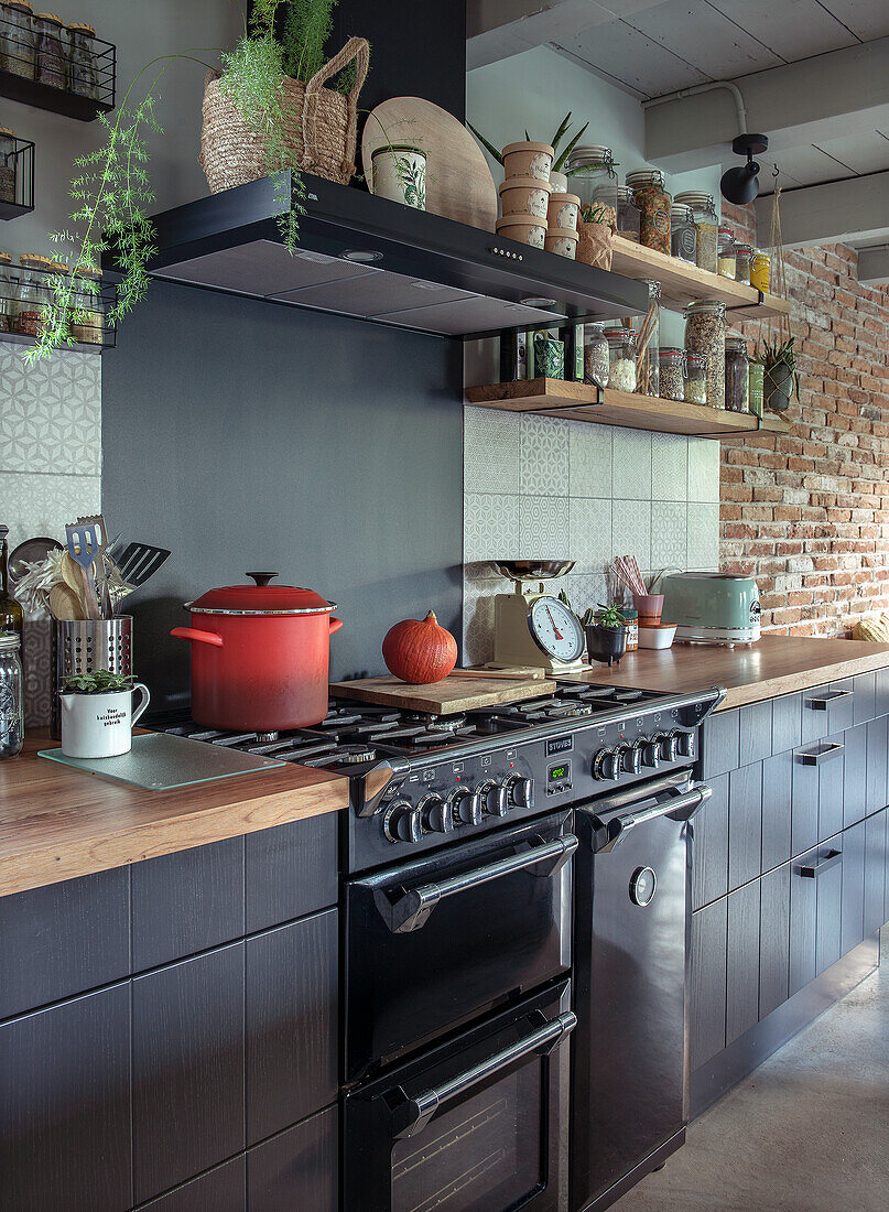 Modern kitchen with black cabinets, open shelves and vintage kitchen appliances