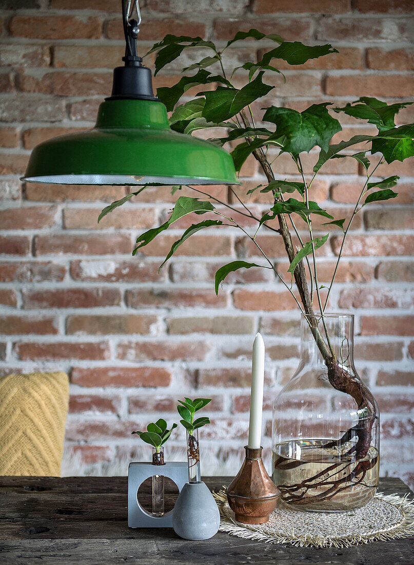 Table decorated with vases and plants with green hanging lamp in front of brick wall