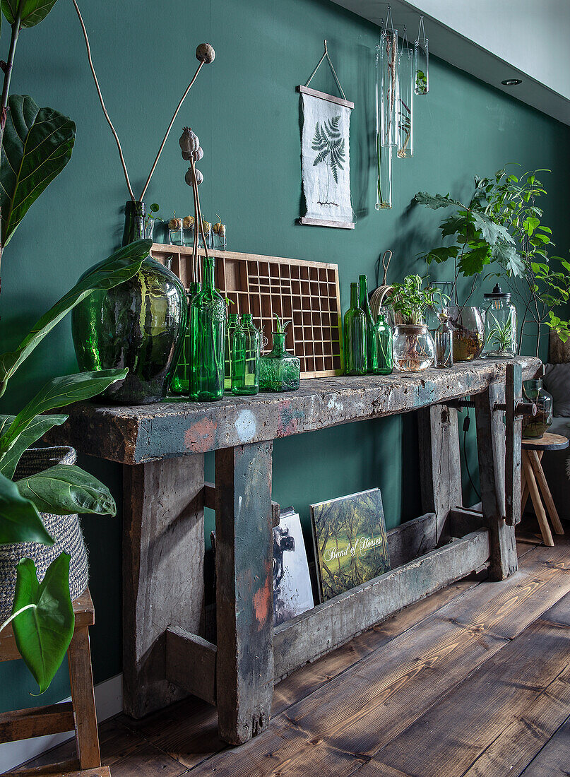 Old workbench with green jars and plants in front of a moss green wall in the living room