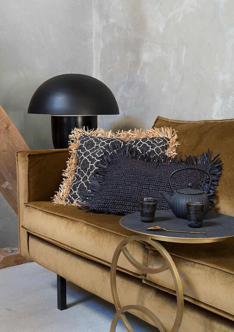 Brown velvet sofa with decorative cushions in a modern living room