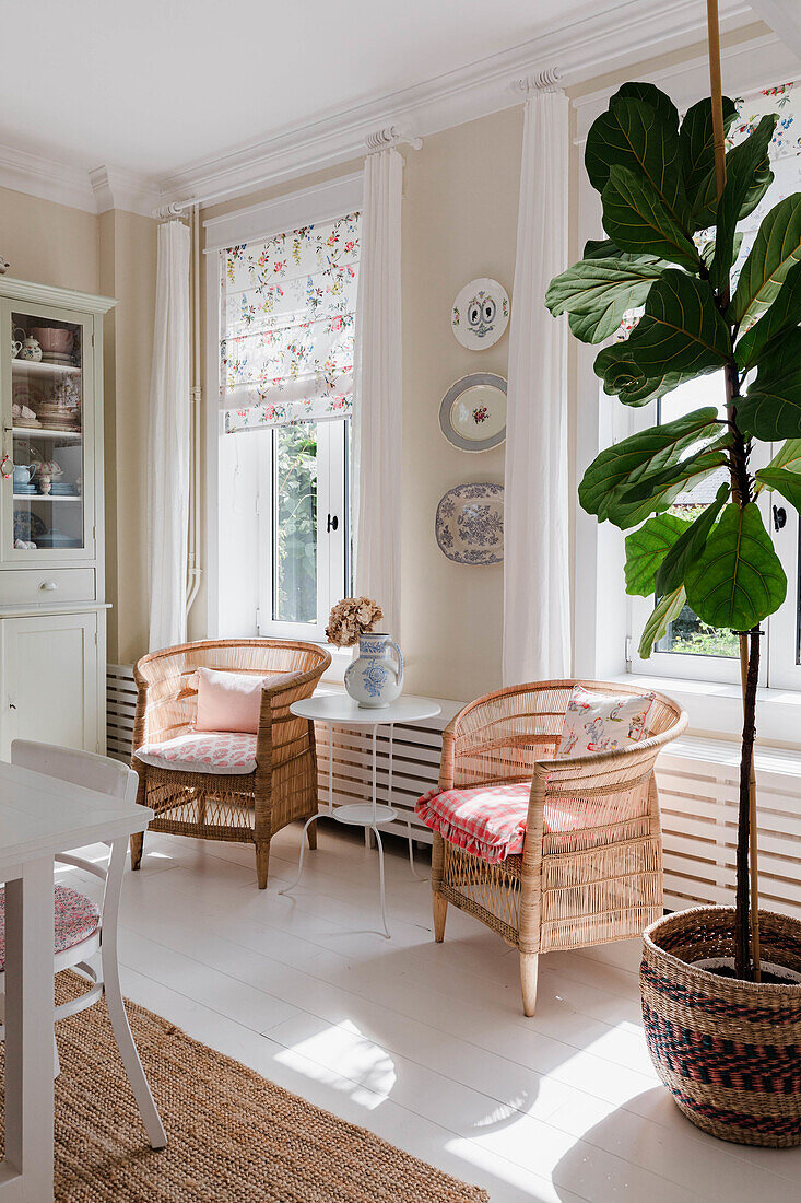 Two rattan armchairs with cushions in a bright living room with floral blinds and large window