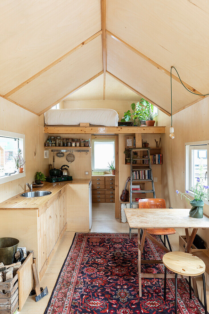 Compact kitchen and dining area in a tiny house with sleeping loft and Persian carpet