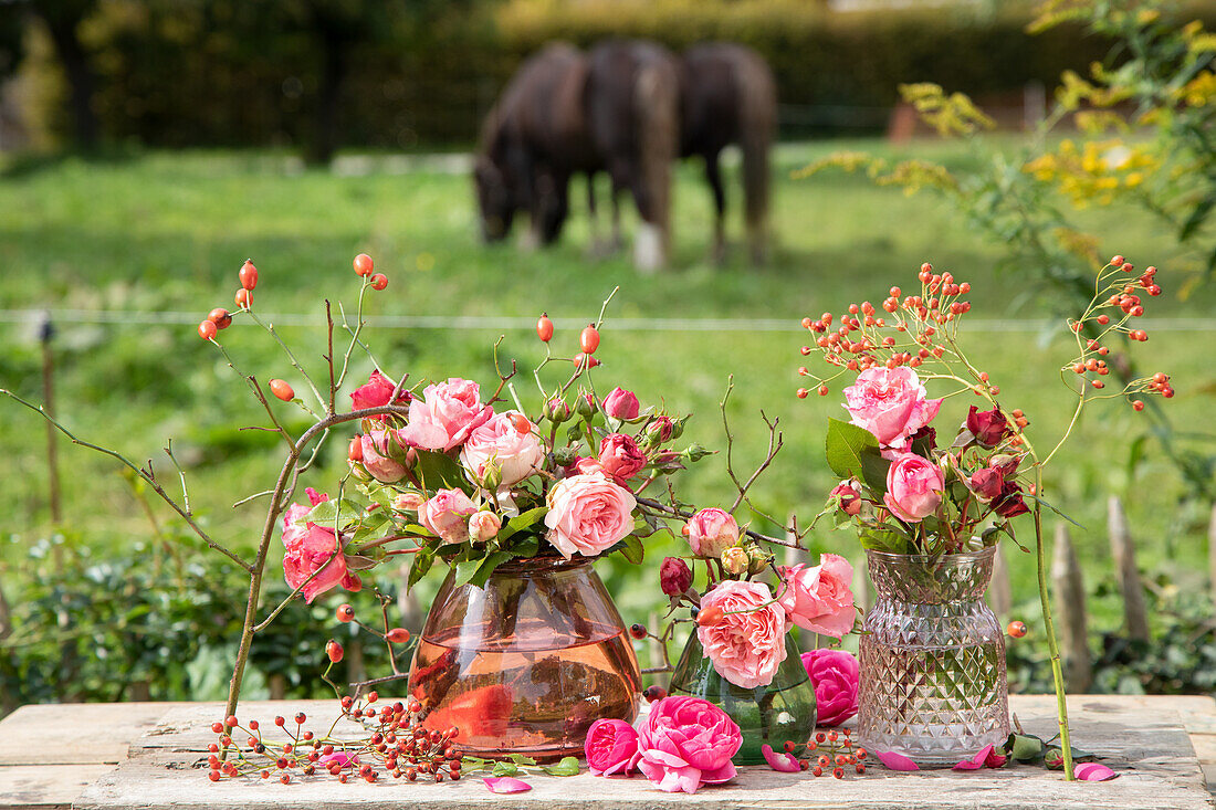 Vasen mit rosa Rosen und Hagebuttenzweigen auf Holztisch im Garten