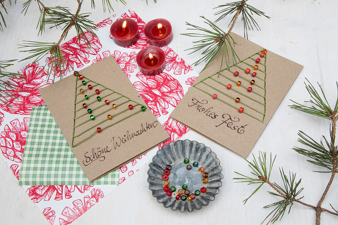 Christmas DIY cards with threads and pearls