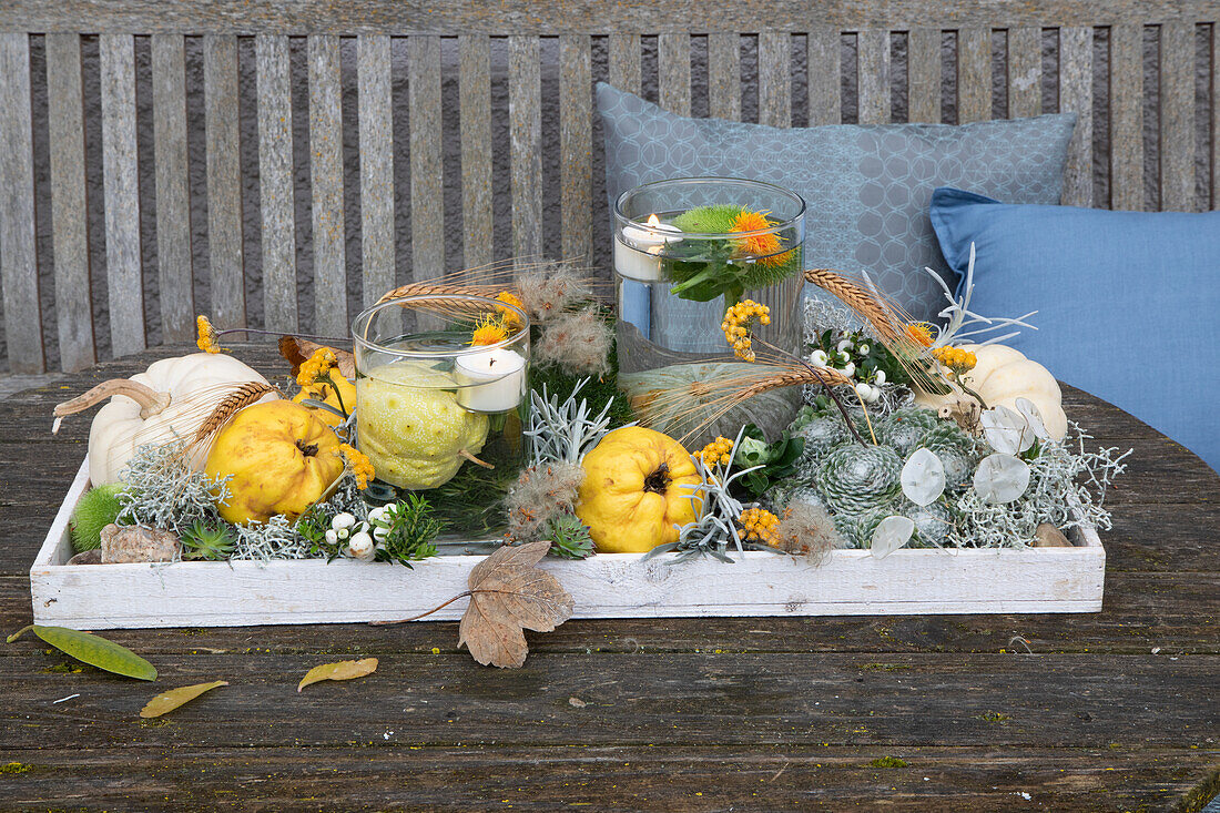 Herbstliche Tischdekoration mit Kürbissen und Kerzen auf Holztisch im Garten