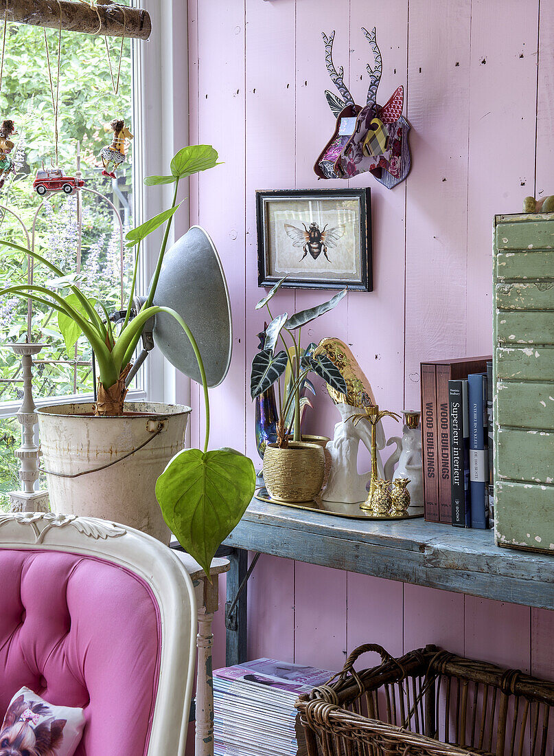 Decorative shelf with plants and books in a pastel pink room