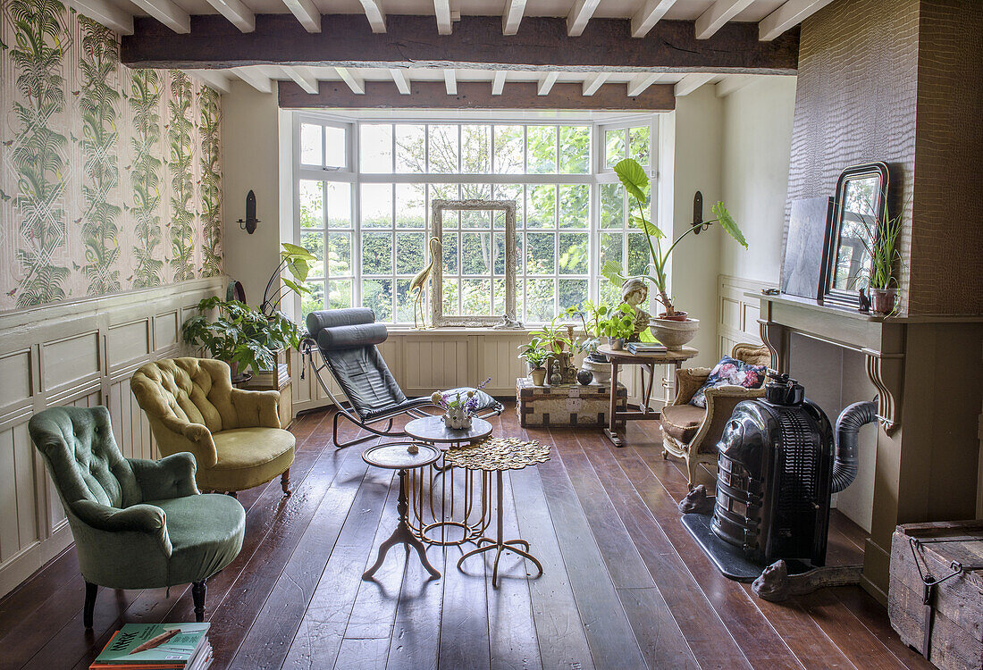 Bright living room with wooden floorboards, plants and vintage furniture