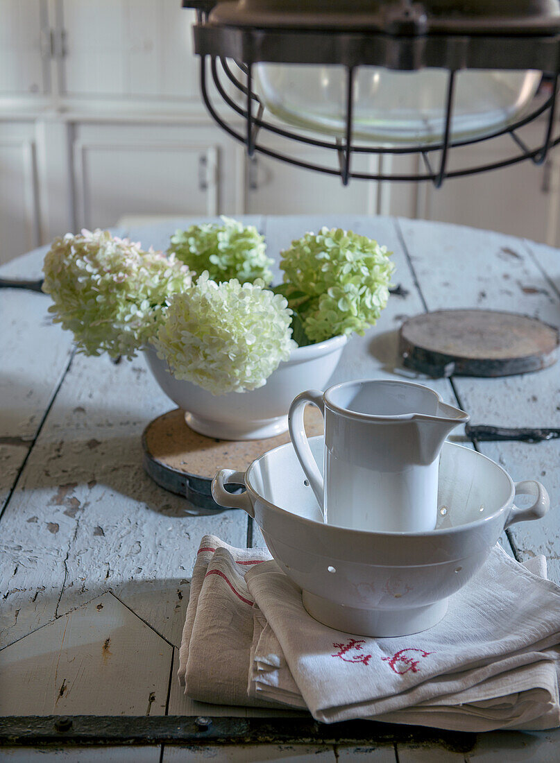 Hydrangeen (Hydrangea) in einer weißen Schüssel auf rustikalem Holztisch