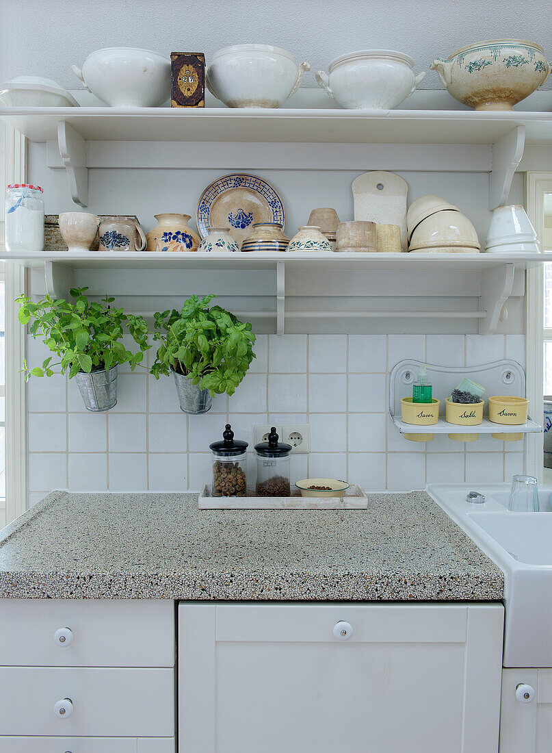 Simple country kitchen with open shelves and herb pots