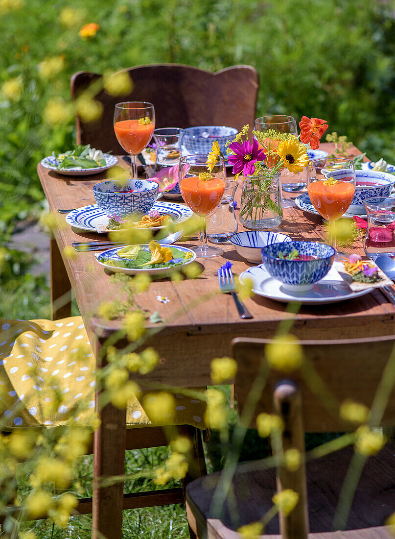 Gedeckter Holztisch im Garten mit buntem Sommergeschirr und frischen Getränken