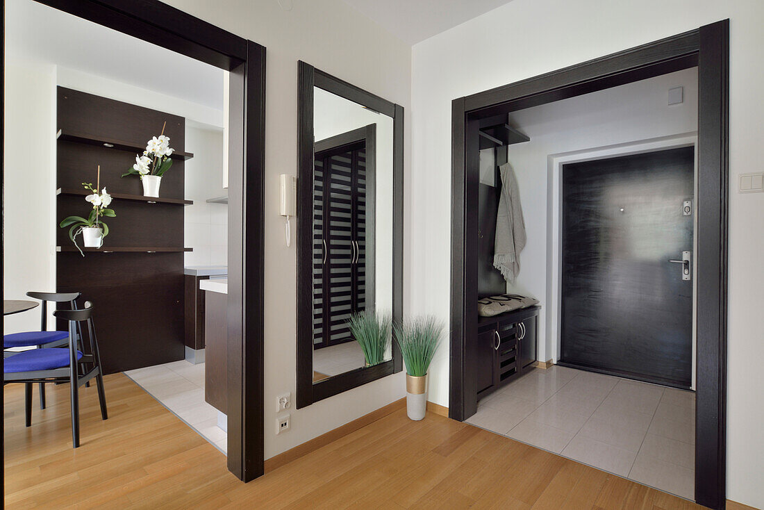 Modern entrance area with bench and mirror