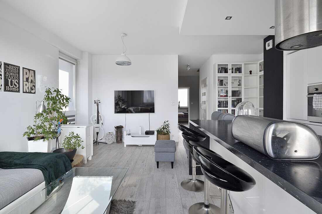 Bright living room with kitchenette and bar stools