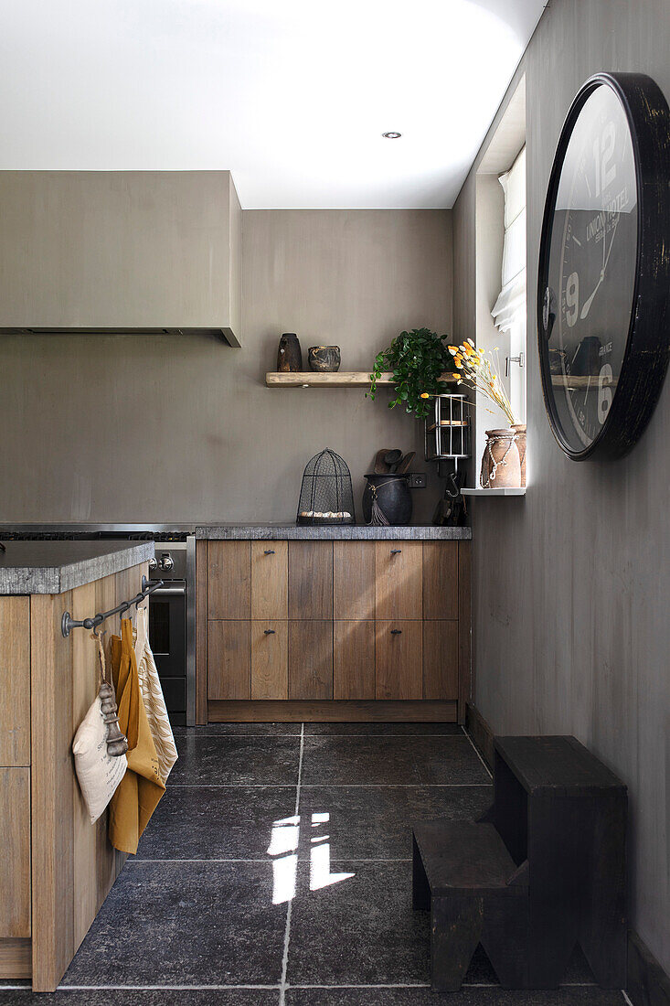 Kitchen with clay plaster walls and wooden cupboards