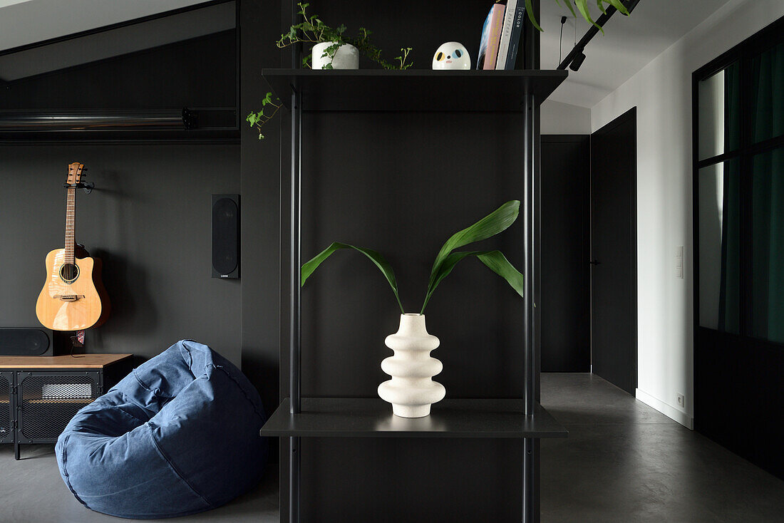 Modern flat in black with sculptural vase and green plant