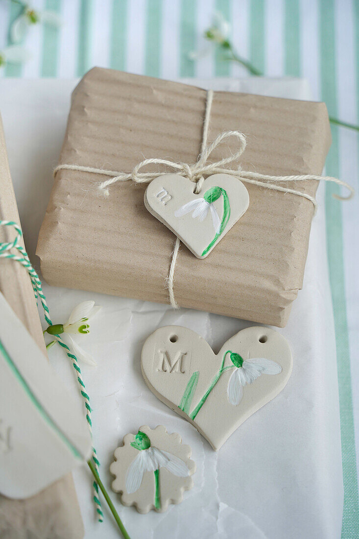 Handmade clay gift tags with snowdrop motif