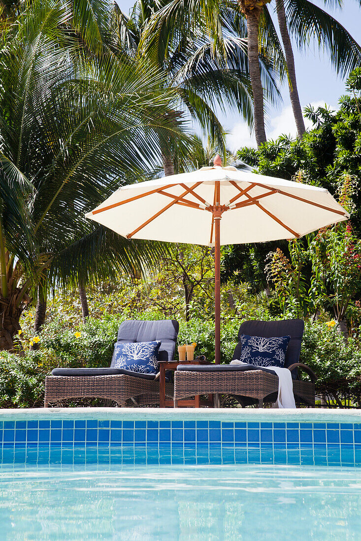 Two sun loungers with umbrella by the pool in front of tropical palm trees