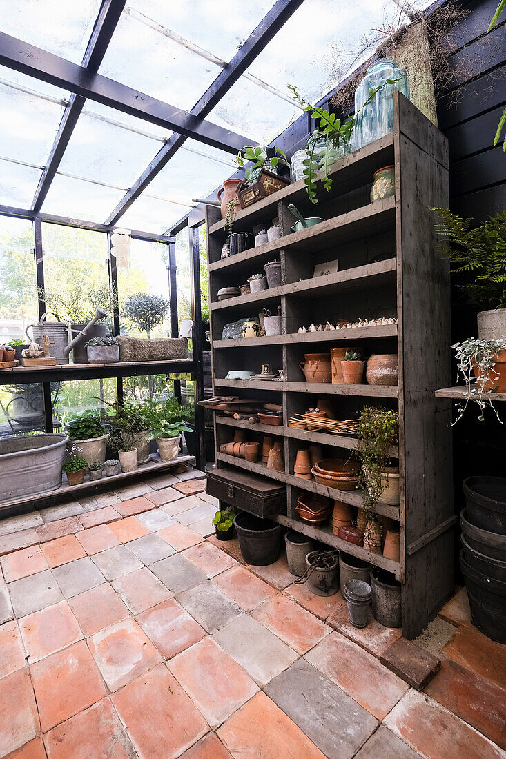 Spacious greenhouse with terracotta floor tiles and shelf full of clay pots