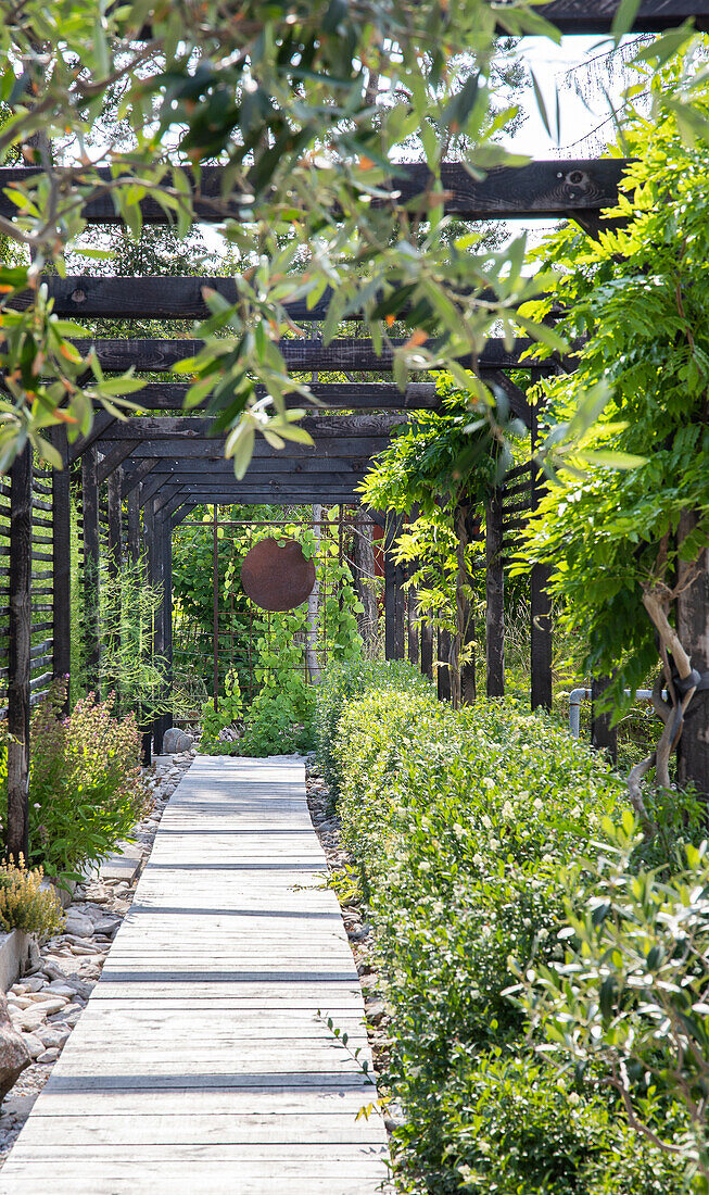 Überdachter Gartenweg mit grüner Bepflanzung