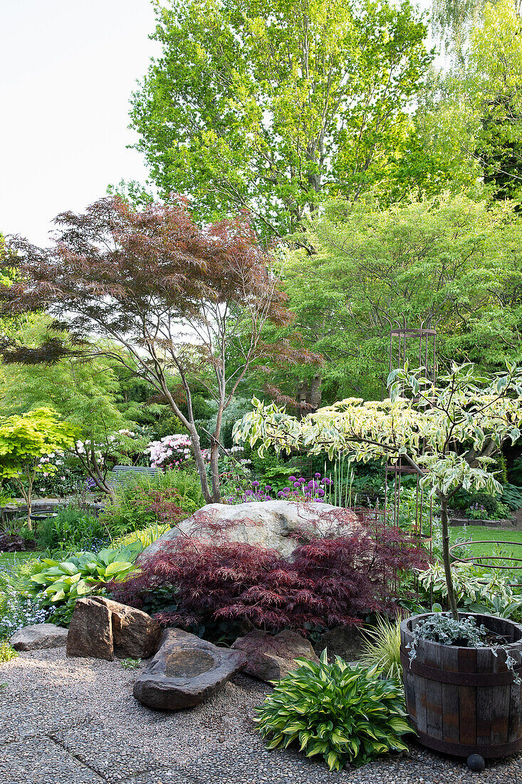 Diversely planted garden with natural stones