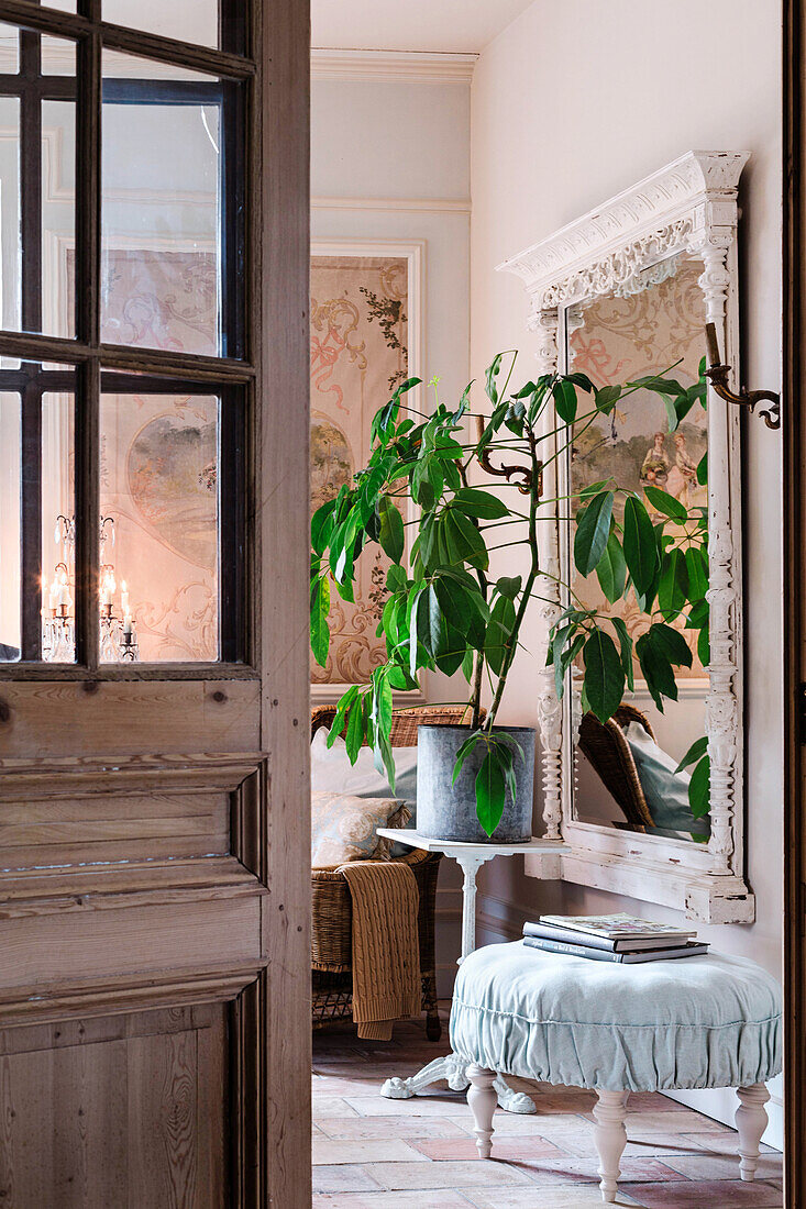 View through door into room with antique mirror and houseplant