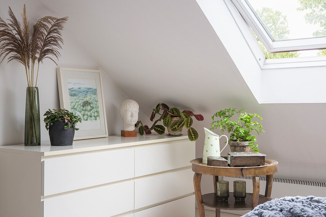 Sloping ceiling with decorative elements such as plants and art on a chest of drawers
