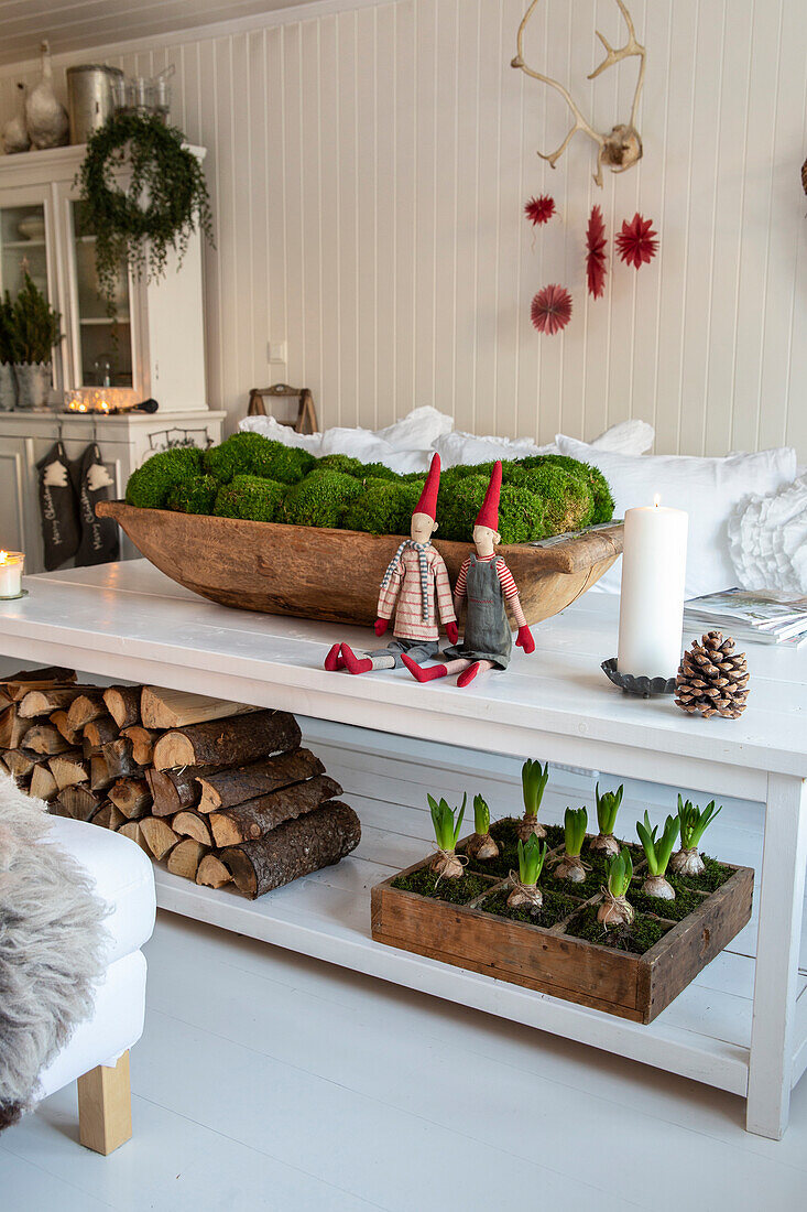 Winter living room with moss decorations, gnome figures, hyacinths and a stack of logs