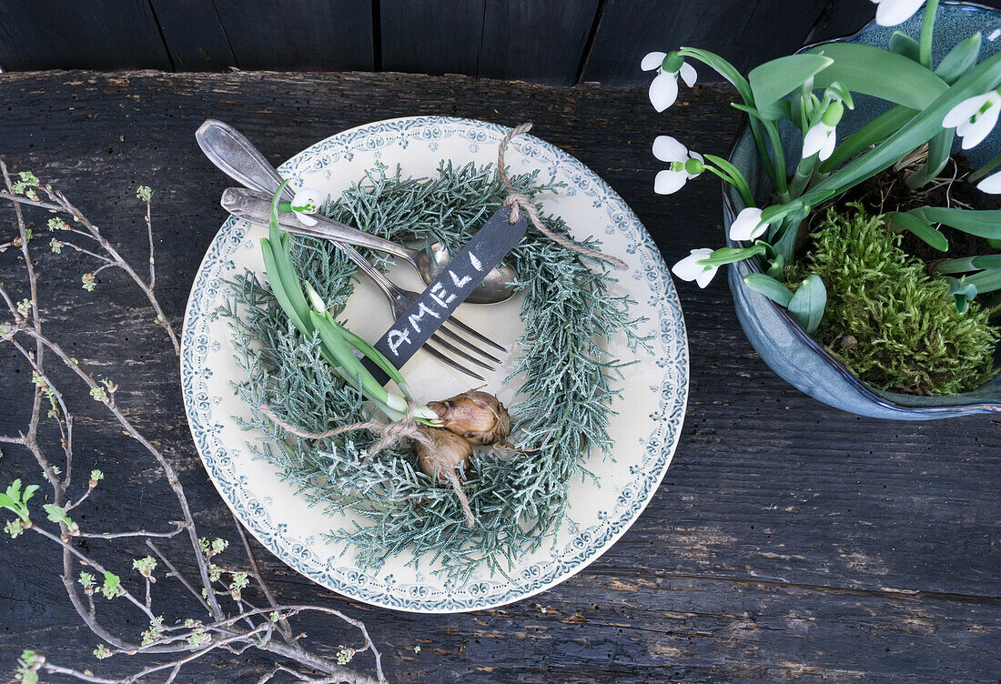 Place setting with place cards and cypress wreath, snowdrops (Galanthus) in a pot