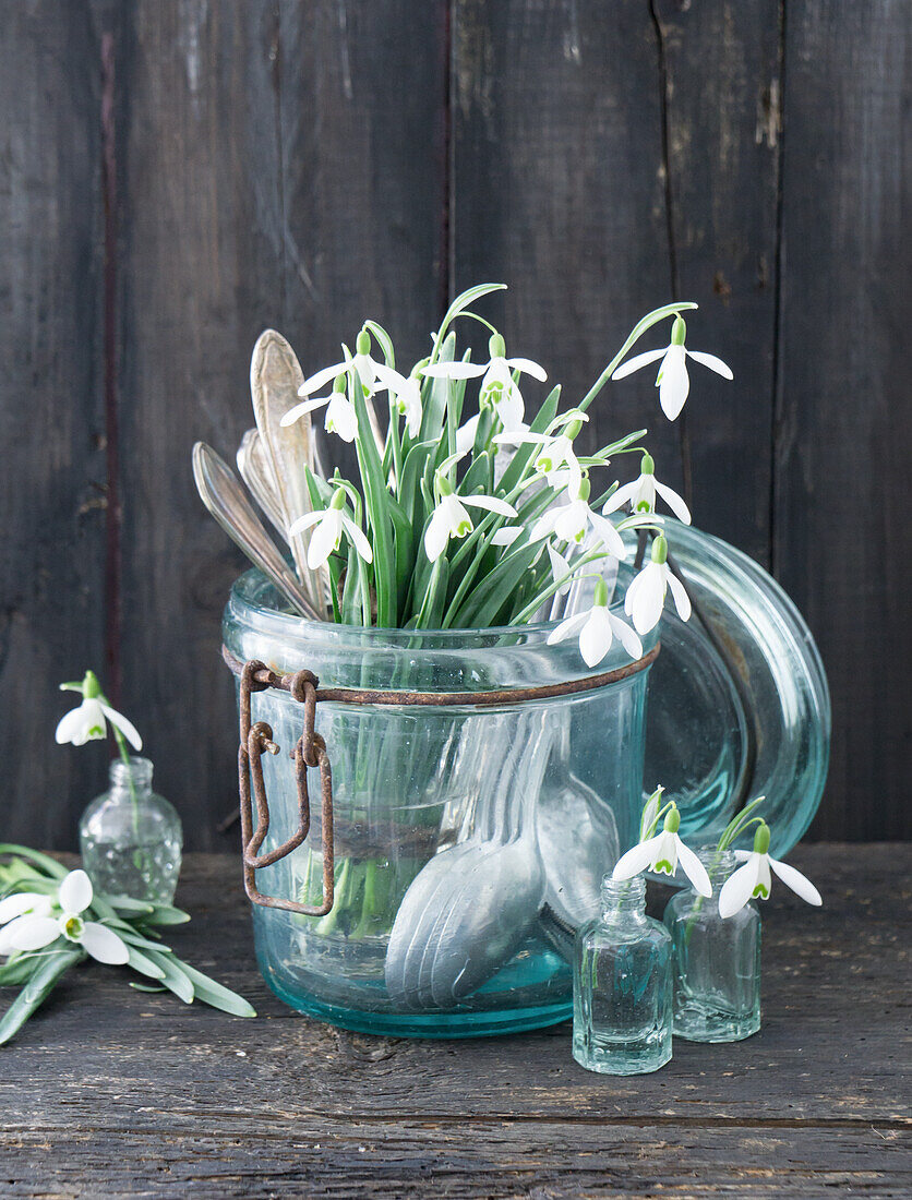 Bouquet of snowdrops and old cutlery in a glass jar and bud vases