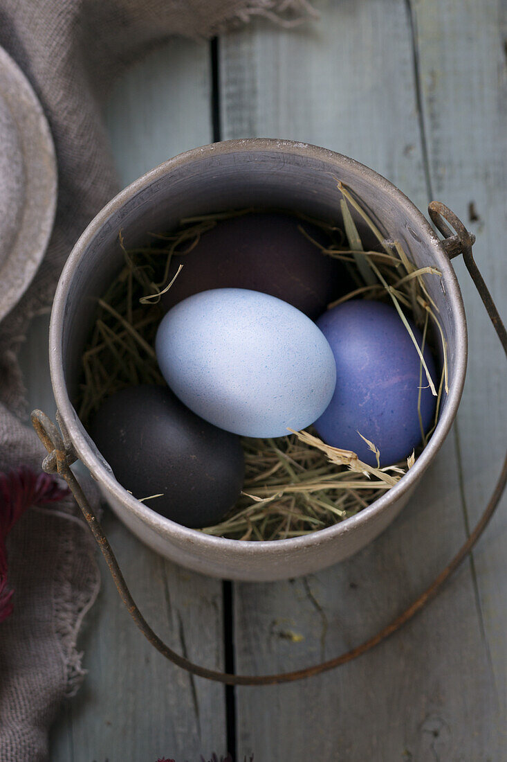 Easter eggs dyed with red cabbage and beetroot in a clay pot with hay