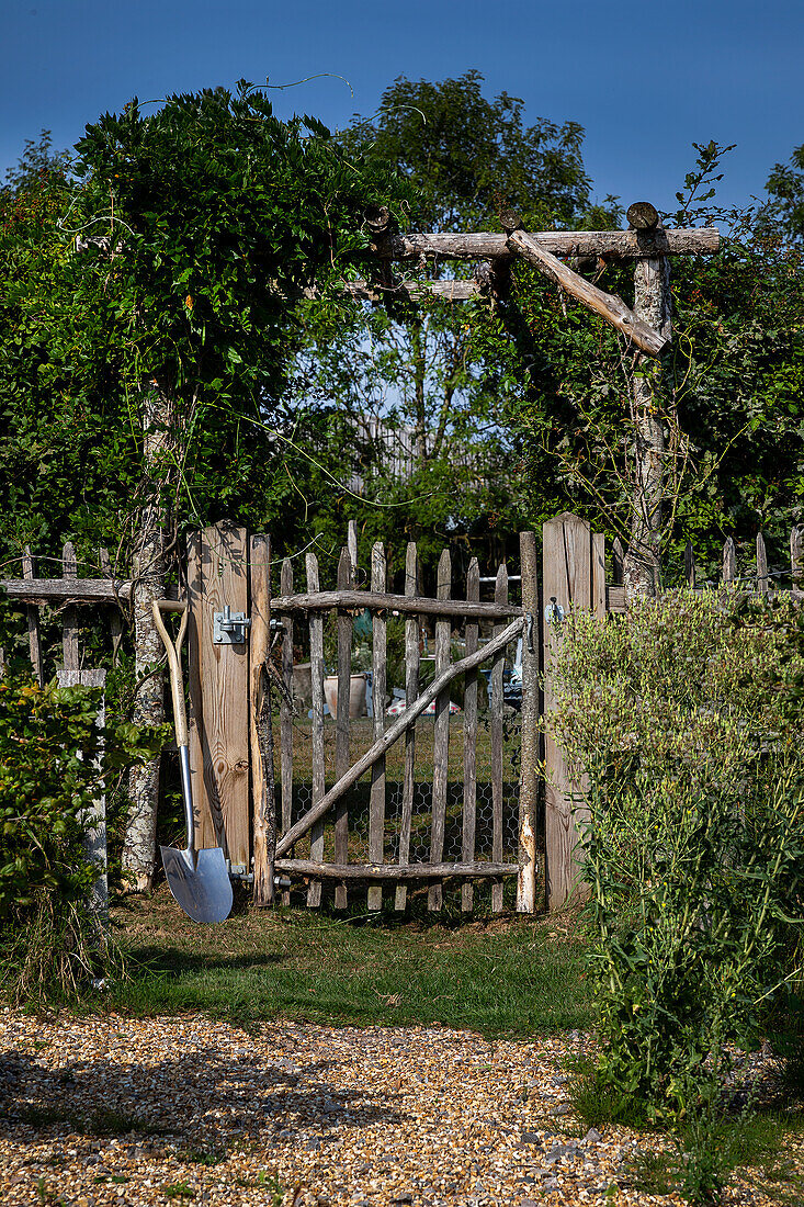 Wooden garden gate with climbing plants and garden tools on fence