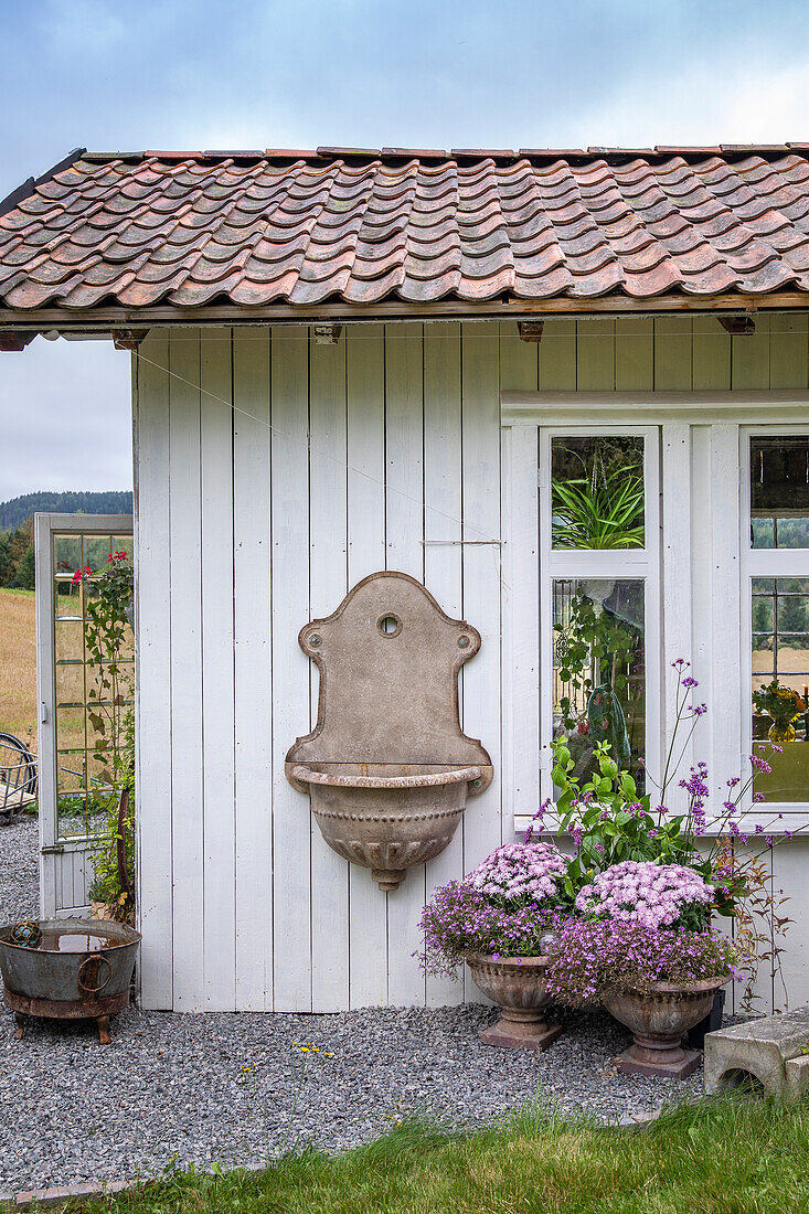 Wall fountain on a white garden shed, floral decoration