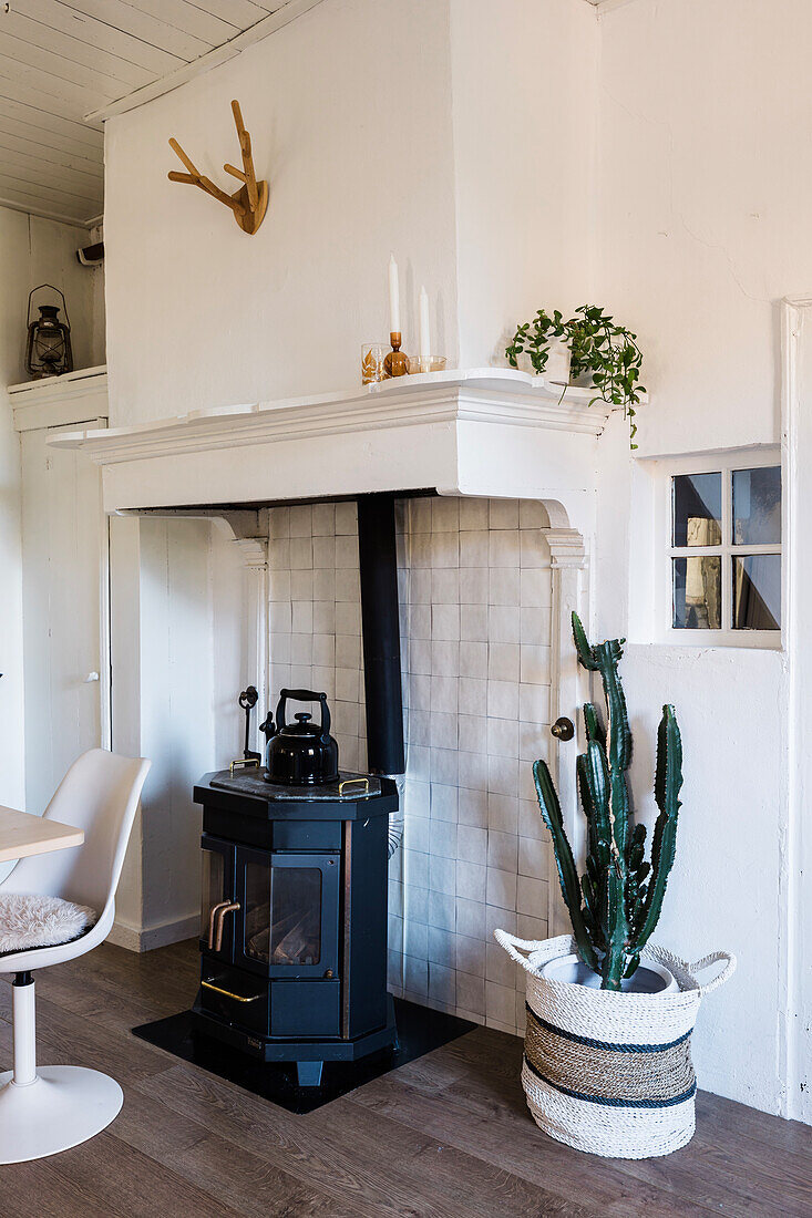 Wood-burning stove in front of white tiled wall, cactus in basket