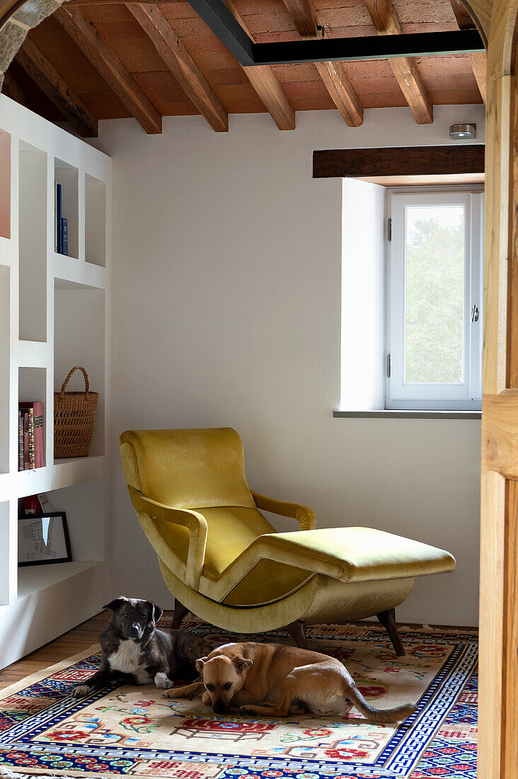 Yellow armchair with footrest in room with wooden beamed ceiling, two dogs on patterned carpet