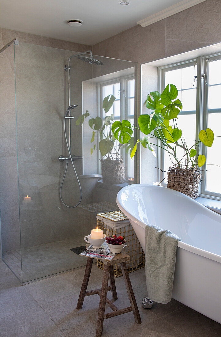 Freestanding bathtub and walk-in shower in modern bathroom