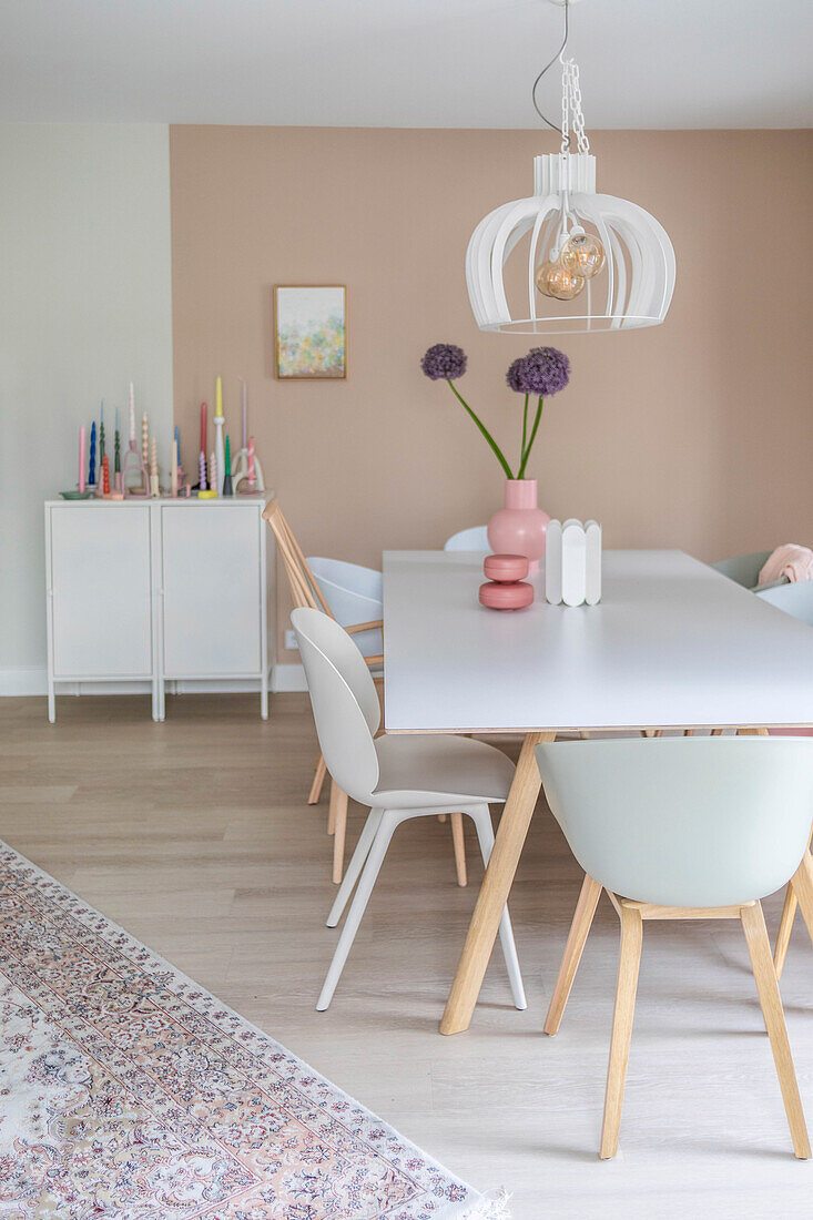 Dining room with pastel-colored walls, modern chairs and large table