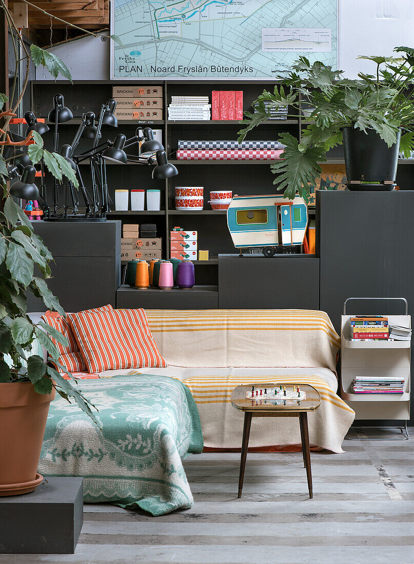 Living room with retro decorations and plants